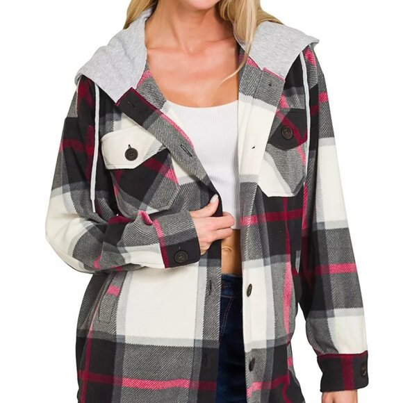 Zenana Plaid Drawstring Hooded Fleece Shacket - Picture 2 of 3